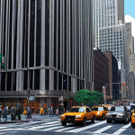 **A bustling street scene in Metropolis, inspired by New York City's architecture, with a modern skyscraper resembling the Daily Planet building in the background.**