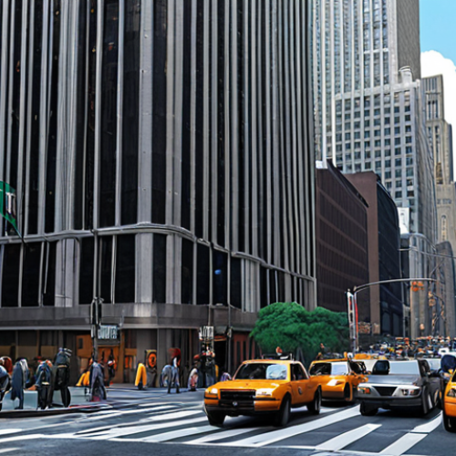 **A bustling street scene in Metropolis, inspired by New York City's architecture, with a modern skyscraper resembling the Daily Planet building in the background.**