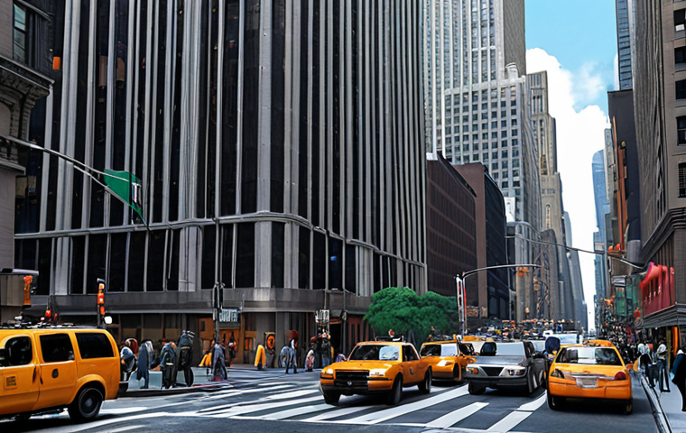 **A bustling street scene in Metropolis, inspired by New York City's architecture, with a modern skyscraper resembling the Daily Planet building in the background.**