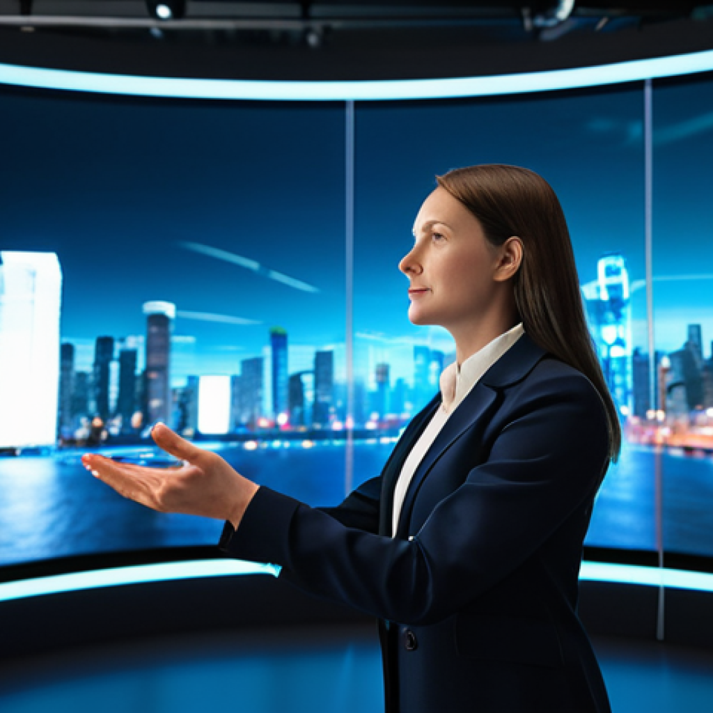 A professional female VFX artist, fully clothed in modest business casual attire, standing in a cutting-edge virtual production studio. Large, curved LED screens behind her display a vibrant, futuristic city skyline. She is observing the digital environment with a focused expression, gesturing subtly towards a holographic interface. The scene is captured with cinematic lighting and a shallow depth of field. High resolution, photorealistic, perfect anatomy, correct proportions, well-formed hands, proper finger count, natural body proportions, natural pose, safe for work, appropriate content, fully clothed, professional dress, family-friendly.