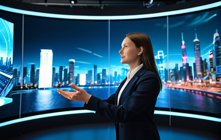 A professional female VFX artist, fully clothed in modest business casual attire, standing in a cutting-edge virtual production studio. Large, curved LED screens behind her display a vibrant, futuristic city skyline. She is observing the digital environment with a focused expression, gesturing subtly towards a holographic interface. The scene is captured with cinematic lighting and a shallow depth of field. High resolution, photorealistic, perfect anatomy, correct proportions, well-formed hands, proper finger count, natural body proportions, natural pose, safe for work, appropriate content, fully clothed, professional dress, family-friendly.