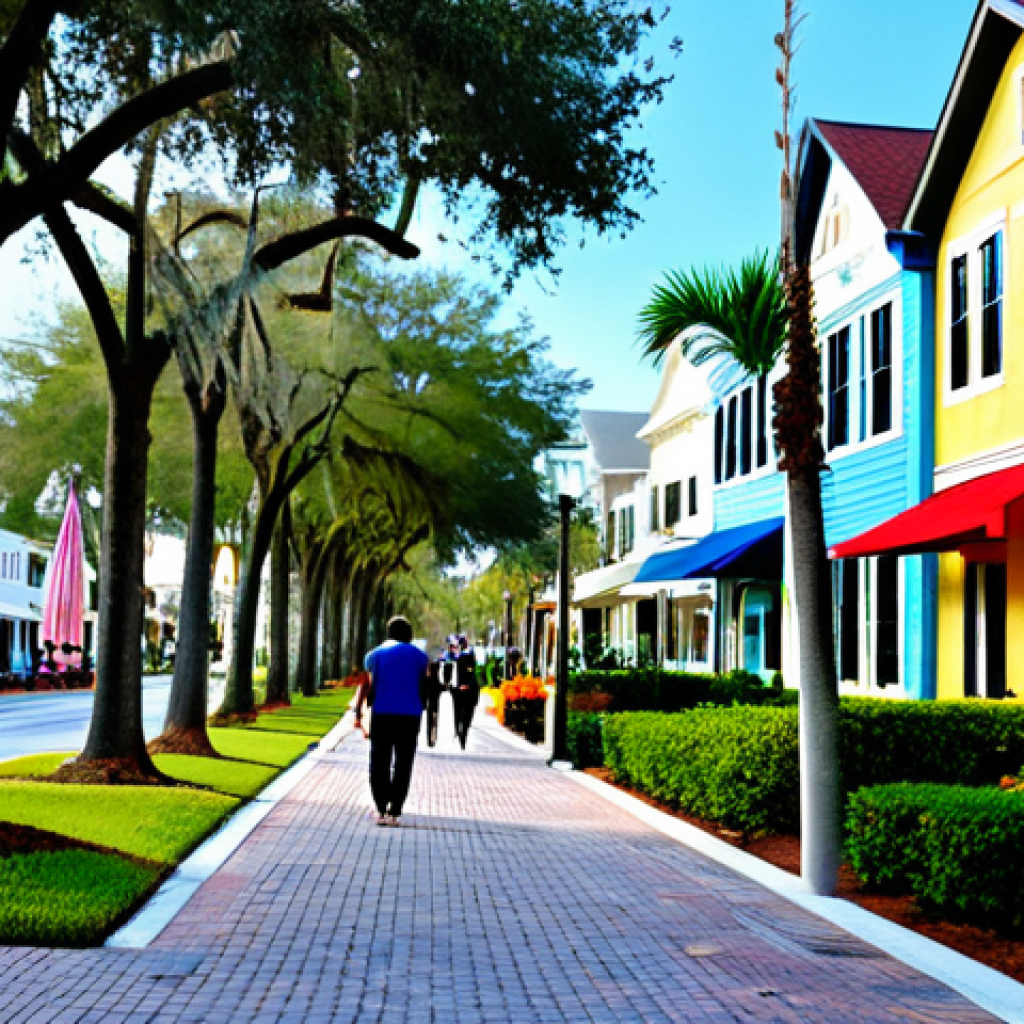 Quaint Street Scene**

"A charming street in Celebration, Florida, lined with colorful houses in a mix of traditional and modern architectural styles, fully clothed pedestrians strolling along the sidewalk, lush landscaping with flowers and trees, safe for work, appropriate content, professional photography, perfect anatomy, correct proportions, well-formed hands, natural body proportions, modest clothing, family-friendly atmosphere, bright daylight, clear blue sky."

**