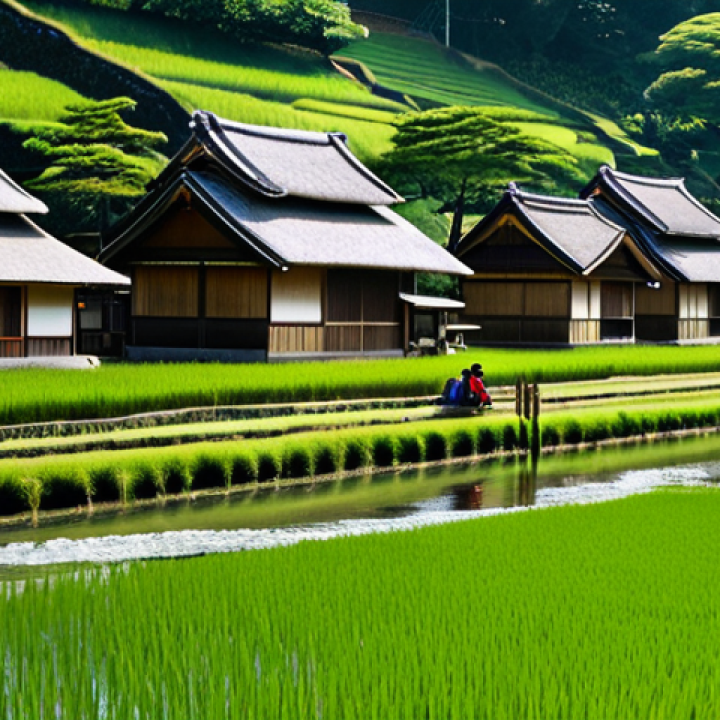 **

"A serene Japanese village scene, featuring traditional wooden houses with tiled roofs nestled amongst vibrant green rice paddies. A clear river flows gently in the foreground. Children, fully clothed in modest, everyday attire, play near the water's edge.  Afternoon sunlight creates a warm, nostalgic atmosphere. Safe for work, appropriate content, fully clothed, family-friendly, professional photography, perfect anatomy, correct proportions, natural pose, well-formed hands, proper finger count, natural body proportions."

**