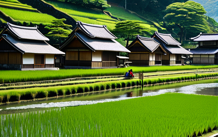 **

"A serene Japanese village scene, featuring traditional wooden houses with tiled roofs nestled amongst vibrant green rice paddies. A clear river flows gently in the foreground. Children, fully clothed in modest, everyday attire, play near the water's edge.  Afternoon sunlight creates a warm, nostalgic atmosphere. Safe for work, appropriate content, fully clothed, family-friendly, professional photography, perfect anatomy, correct proportions, natural pose, well-formed hands, proper finger count, natural body proportions."

**