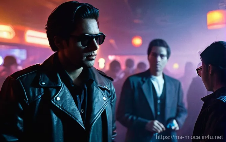 터미네이터 영화 촬영된 장소 - **Prompt 1: Tech-Noir Nightclub Encounter**
"A tense, atmospheric scene inside a crowded, dimly ...