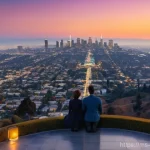 라라랜드 촬영된 LA 명소 - **A Romantic Evening at Griffith Observatory:** A high-angle, panoramic shot of Los Angeles at dusk ...