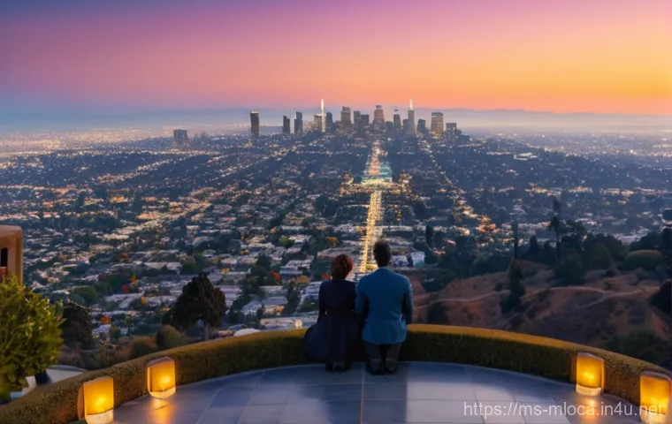 라라랜드 촬영된 LA 명소 - **A Romantic Evening at Griffith Observatory:** A high-angle, panoramic shot of Los Angeles at dusk ...